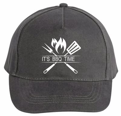 Mijncadeautje - 5 panel - BBQ Cap - Verstelbaar - Pet van 100% dik geborsteld katoen- unisex - opdruk wit - It's BBQ Time - Chique Grijs