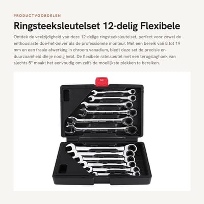 Dailygoods- Ringsteeksleutelset 12-delig - 8-19 mm - Flexibele Ratelsleutel - Chrome-Vanadium - Inclusief Opbergtas - Schokbestendig - Steeksleutelset