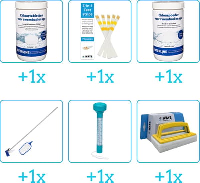 Zwembad Onderhoudspakket - Onderhoud Zwembad - bevat Chloor - Testrips - Chloor - Schoonmaakset - Thermometer en Scrubborstel (6-delig)