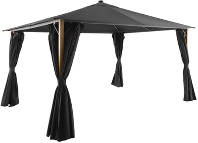 sweeek - Paviljoen voor de tuin 4x3m met gordijnen en led-verlichting aluminium met houteffect - veluna