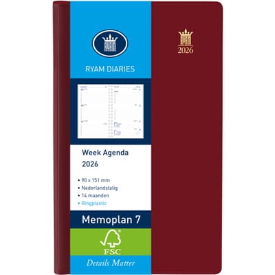 Agenda 2025 Ryam Memoplan 7 Suprema ringplasic 7dagen/2pagina's bordeaux