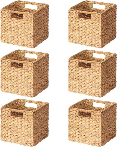 6 Stuks Rieten Mand - Opbergmanden voor Organisatie met Handgrepen - Waterhyacint Grote Kubusorganisator 26,7 x 26,7 x 26,7 cm