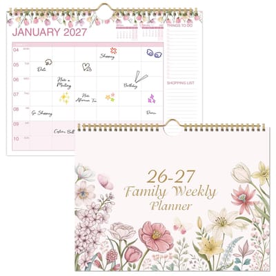 Dailygoods- Familiekalender 2026-2027 Groot Formaat - Familieplanner - 6 Kolommen - Takenlijst - Boodschappenlijstje - Achterzak 32 x 23 cm - Gezinsplanner