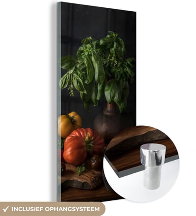 MuchoWow® Glasschilderij 20x40 cm - Schilderij acrylglas - Stilleven - Tomaten - Basilicum - Schilderij - Groente - Zwart - Foto op glas - Muurdecoratie woonkamer - Wanddecoratie slaapkamer - Schilderijen