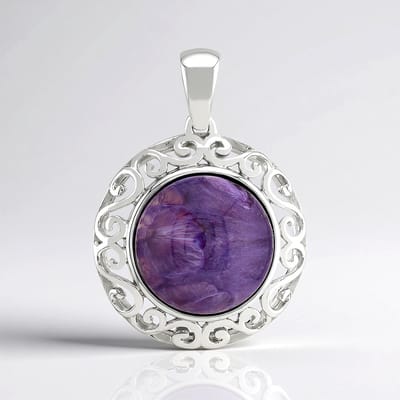 Cavill - Zilveren Hanger - 925 Sterling Zilver Gerhodineerd - 9,68 ct Prachtige Paarse Charoite Ronde Cabochon 15 mm - Luxe Sieraad Uit Rusland
