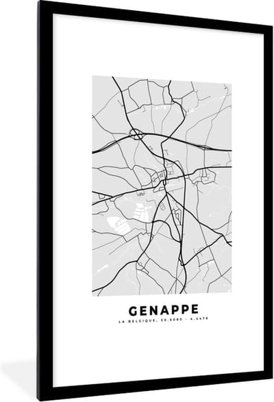 Fotolijst incl. Poster Zwart Wit- Stadskaart – Plattegrond – België – Zwart Wit – Genappe – Kaart - 80x120 cm - Posterlijst