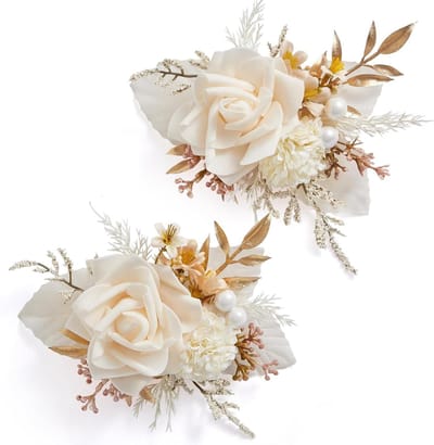 Boutonniere Set - Corsage Mannen - Bruiloft Aankleden - Met Clips en Pinnen - 2 Stuks - Champagne