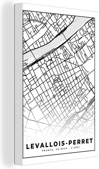 Canvas Schilderij Frankrijk - Plattegrond - Levallois-Perret - Stadskaart - Kaart - Zwart wit - 20x30 cm - Wanddecoratie