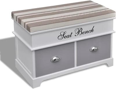Opbergbank met kussen grijs en 2 laden - wit houten frame - halbank opbergmeubel
