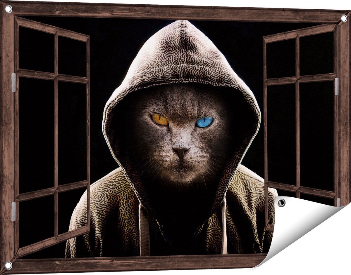 Gards Tuinposter Doorkijk Boze Kat Draagt een Hoodie - 90x60 cm - Tuindoek - Tuindecoratie - Wanddecoratie buiten - Tuinschilderij