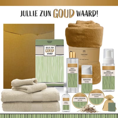 Geschenkset “Jullie zijn goud waard!” - 12 producten - 1910 gram | Triomf Groene Strepen - Giftset voor haar hem Cadeau Luxe Wellness Pakket Vrouw Man Speciaal Cadeaupakket Geschenk Verjaardag Kerst Kerstpakket Gift Set Giftset Goud Beige