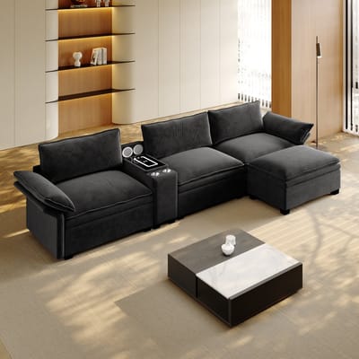 Modulaire Zitbank, L-Bank, 3-Zitsbank, L-vormige Chenille Cloudbank met Opbergruimte, Poef, Draadloos Opladen, Luidspreker, Licht, 2 Bekerhouders, Banken voor Woonkamer, Kantoor-Zwart
