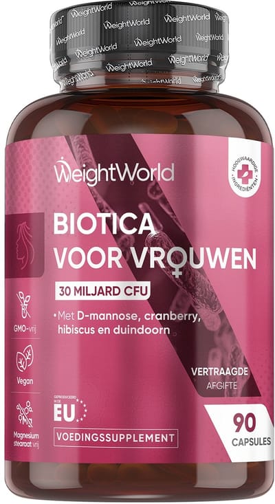 WeightWorld Biotica voor Vrouwen - 5 bacteriestammen met 30 miljard KVE - Met D-mannose, cranberry, hibiscus en duindoorn - 90 vegan capsules