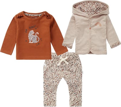 Noppies - Kledingset - 3delig - Vest Smethwick Panterprint - Broek Sevenoaks Taupe - Shirt Strood bruin - Maat 56