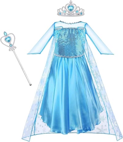 Meisjes Kostuum 3-delige Set met Kroon, Toverstaf en Jurk voor Halloween en Feestjes, Blauwe Kostuums voor Kinderen