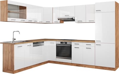 Vicco Hoekkeuken R-Line, Wit Hoogglans/Goudkleurig Eiken, 287 x 227 cm zonder werkblad
