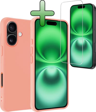 Hoesje Met Screenprotector - Geschikt voor Apple iPhone 16 - Sterk & Shockproof - Back Cover - Siliconen Case - Telefoon Hoes - Perzik