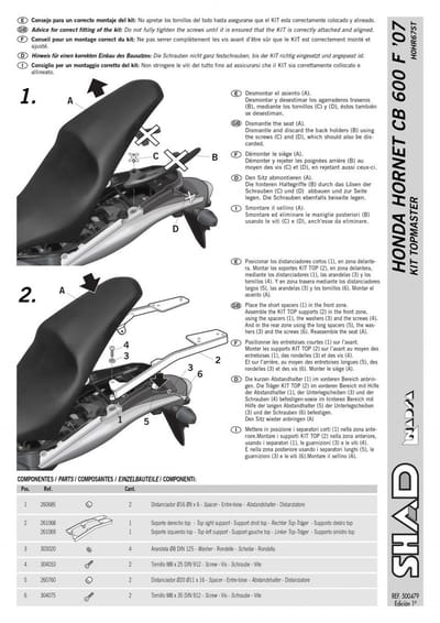 Support de top case Shad pour Moto Honda 600 CB HORNET F 2007 à 2010 Neuf