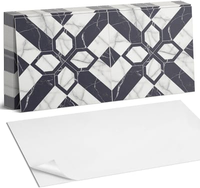 Coloray Plaktegels - Geometrisch marmerpatroon Zelfklevende Wandtegels - 40 cm x 20 cm - Zwart Plaktegels - 10 stuks - Rechthoek PVC Tegels - Plaktegels Badkamer - Vloertegels Zelfklevend - Vinyltegels Vloer Zelfklevend - Portugese Tegels