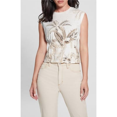 GUESS Sl Tobacco Palms Cor Cream White Size: M | T-Shirts Outlet | Dames | Wit