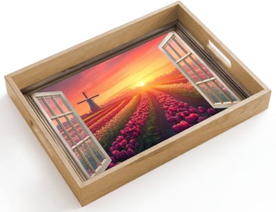 Dienblad hout 40x30 cm - Schootdienblad - Doorkijk - Tulpen - Zonsondergang - Bloemen - Kleurrijk - Borrelplank rechthoek - Plateau dienbladen