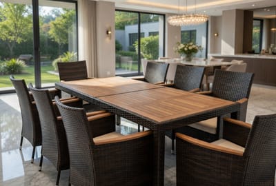 Tuinset 9-Delig voor 8 Personen – Polyrotan Tuinmeubelset met Acaciahouten Tafelblad & Parasolgat, 8 Stoelen met Kussens, Luxe Eetset voor Tuin/Terras – Bruin – GardenDining Deluxe – Urbanhome