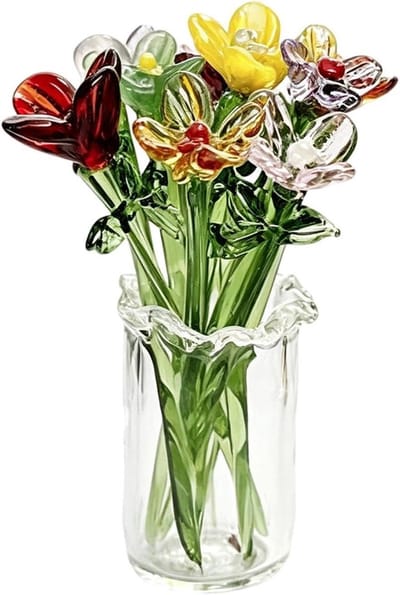 Glazen Bloemen Vaas - Miniatuur Boeket Kristal - Interieur Decoratie - Handgeblazen Kunst - 5.5 x 2.6 cm - Transparant