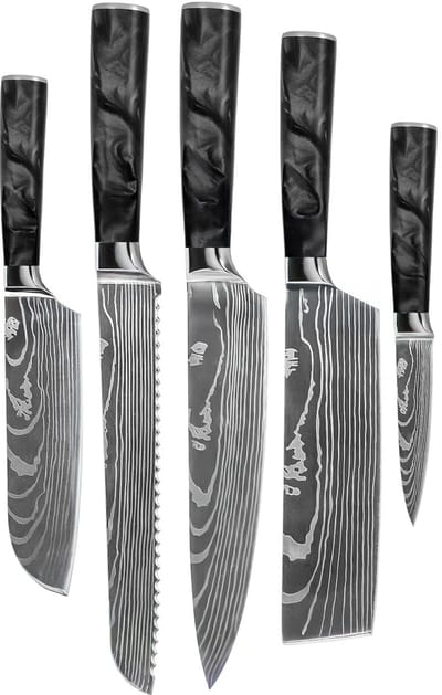 Shinrai Knives - Damascus Print Epoxy Onyx 5-delige Messenset - Koksmes + Broodmes + Nakiri + Kleine Santoku + Schilmes - Koksmes - Vleesmes - Hakmes