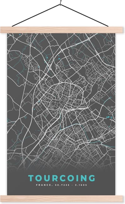 Posterhanger incl. Poster 40x60 cm - Schoolplaat - Frankrijk - Stadskaart - Kaart - Plattegrond - Tourcoing - Textielposter - Blanke latten - Stadskaart