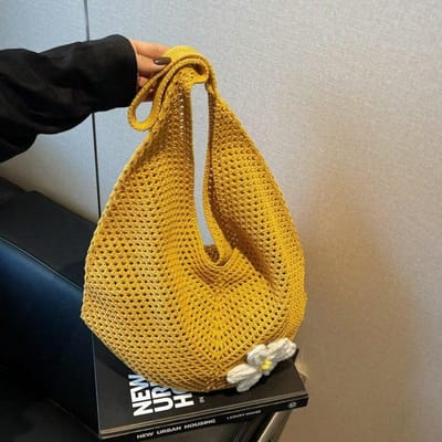 Sacs tricotés pour femmes, sac à bandoulière d'été pour vacances à la mer, grand sac fourre-tout, sac à main pour le travail jaune