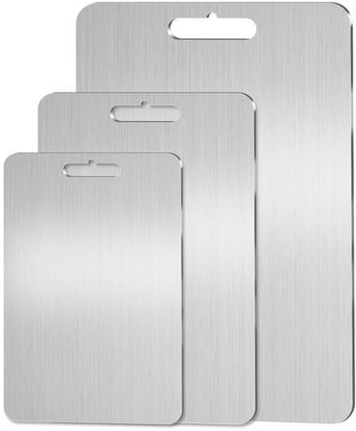 3 stuks titanium snijplank, 304 roestvrij stalen snijplank, titanium snijplank, 2025 eersteklas titanium snijplanken, voor de keuken, buiten, camping, wandelen, 29 x 20 cm, 34 x 23 cm en 39 x 28 cm