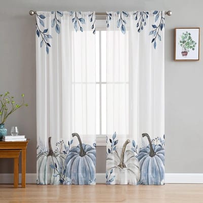 Thanksgiving Eucalyptus Pompoen Pompoen Slaapkamer Transparante Dunne Gordijnen Vakantiedecoratie Raam Voile Tule Gordijn 135W x 114H(cm) white