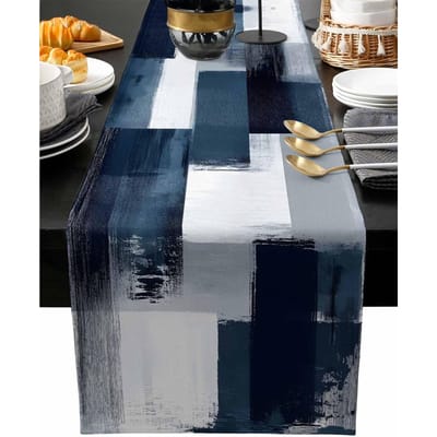 Abstract Blauw Wit Geometrische Kleurblokken Linnen Tafelkleed Ladekast Sjaal Decor Retro Keuken Eettafel Decor Feestdecor 150x33cm white
