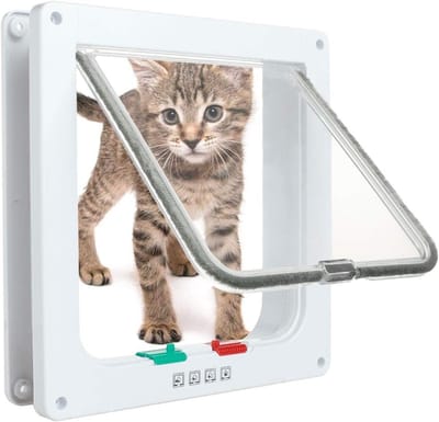 Huisdier Deur met 4 Richtingen voor Katten en Honden - Eenvoudig te Installeren, Geschikt voor Kleine Dieren, 19.8x19x5.5cm, Wit