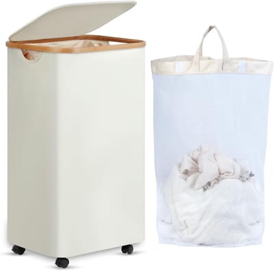 XL Wasmand met Wielen en Deksel, 100 Liter, Bamboe, Wasmand met Afneembare en Wasbare Binnenzak, Beige, Ideaal voor Badkamer, Slaapkamer en Berging