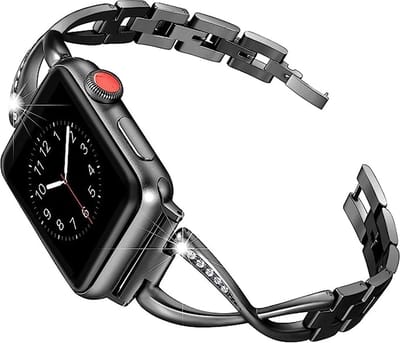 Stravo Elegante metalen bandje met diamantjes - Geschikt voor Apple Watch 42mm(Series 11/10)/41/40/38mm - Girl Bling slanke metaal RVS dames Horlogebandje - Voor Apple Watch SE 1 2 3 / Series 11 10 9 8 7 6 5 4 3 2 1 - Zwart