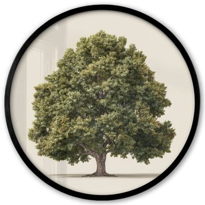Poster in lijst Rond - Fotolijst 40x40 cm - Posters - Eikenboom - Groen - Lichte achtergrond - Ronde posterlijst zwart - Decoratie - Wanddecoratie woonkamer - Muurdecoratie slaapkamer