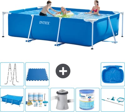 Intex Rechthoekig Frame Zwembad - 300 x 200 x 75 cm - Blauw - Inclusief Solarzeil - Onderhoudspakket - Zwembadfilterpomp - Filter - Schoonmaakset - Ladder - Voetenbad - Vloertegels - 9-delig