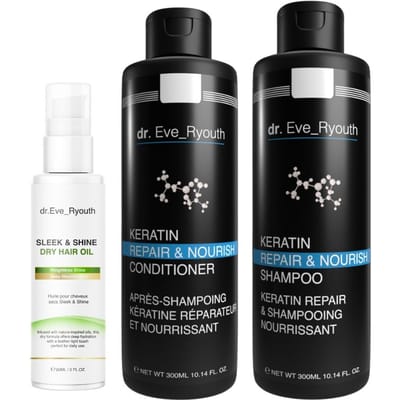 Keratine Shampoo + Conditioner 300 ml + Smooth & Shine Droge Haarolie 60 ml