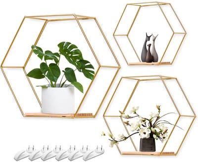 3-delige Hexagon Wandplank Set – Goud Metalen & Houten Wanddecoratie – Industriële Muurrekken voor Woonkamer & Slaapkamer