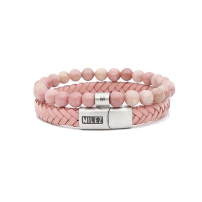 Milez - Armband set dames - armband dames leer kralen - Roze-Zilver - Maat S