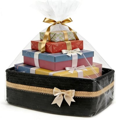 Lege Cadeaumand, Gevlochten Opbergmand voor Handdoeken, Woven Opbergmand met Geschenktassen en Linten, Ideaal voor Verjaardag, Bruiloft en Pasen (Zwart)