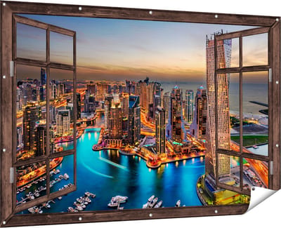 Gards Tuinposter Doorkijk Dubai Haven met de Stad - 180x120 cm - Tuindoek - Tuindecoratie - Wanddecoratie buiten - Tuinschilderij