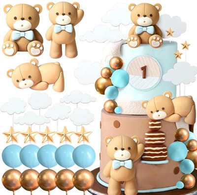 Dailygoods- Taartdecoratie Luxe - Beer Blauw/Goud - 3 Taarttoppers - 6 Wolk Toppers - 5 Sterren - 10 Ballen - Taarttopper