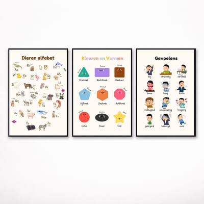 Foto op poster - Set 3 Stuks - Educatieve posters voor kinderen - Dieren alfabet - Gevoelens - Kleuren en Vormen - A3 – 29,7 × 42 cm - Muurdecoratie voor kinderen - Wanddecoratie voor meisjes jongens slaapkamer - Exclusief fotolijst