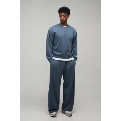 Oversized Boxy Henley Sweatshirt En Wijde Pijpen Joggingbroek | Slate | Size XS