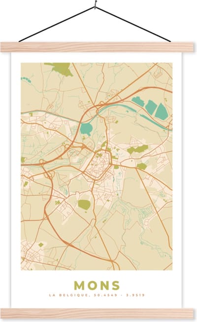 Posterhanger incl. Poster 40x60 cm - Schoolplaat - Plattegrond - Kaart - België - Stadskaart - Vintage - Mons - Textielposter - Blanke latten - Stadskaart