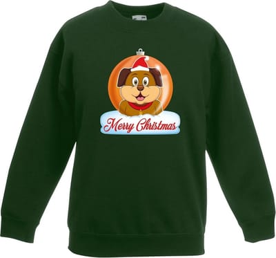 Bellatio Decorations Kersttrui sweater - voor kinderen - Merry Christmas hond kerstbal - groen - Kerstkleding 98/104