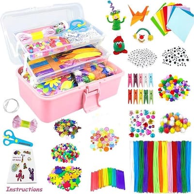 Knutselmateriaalset voor kinderen - Knutselkoffer met pompons, pijpenragers, scrapbookbenodigdheden Knutselmateriaal voor kinderen van 4 tot 10 jaar Cadeau voor jongens en meisjes - Roze