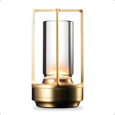 GELLDG Tafellamp Oplaadbaar - Lantaarn - Draadloos en dimbaar - Moderne touch lamp - Nachtlamp Slaapkamer - 17.5 cm - Geschikt voor restaurants, slaapkamers, bars en cafés - Goud